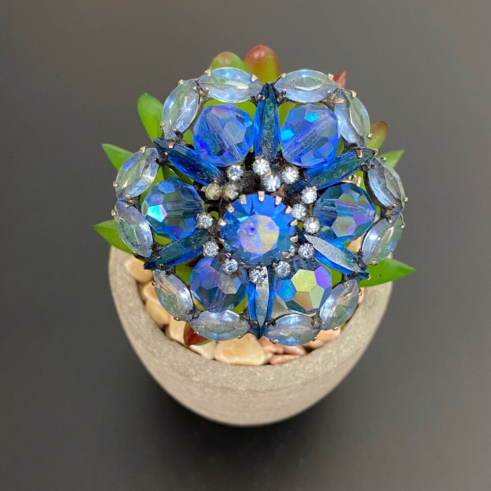 Vintage Blue Aurora Borealis Rhinestone Flower Brooch | 1950s Floral Pin